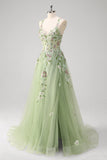 Green A line Spaghetti Straps Appliqued Corset Long Prom Dress With Tulle