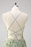 Green A line Spaghetti Straps Appliqued Corset Long Prom Dress With Tulle