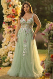 Green A line Sheer Boned Corset Tulle Sequins Long Prom Dress With Floral Embroidery