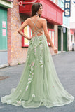 Green A Line Tulle Sequin Applique Corset Long Prom Dress with Slit