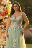 Green A line Appliqued Plus Size Tulle Long Corset Prom Dress with Slit