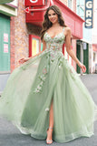 Green A Line Tulle Sequin Applique Corset Long Prom Dress with Slit