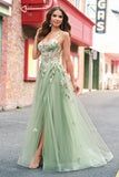 Green A Line Tulle Sequin Applique Corset Long Prom Dress with Slit