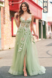 Green A Line Tulle Sequin Applique Corset Long Prom Dress with Slit