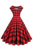 Red and Black Plaid A-Line V-Neck 1950s Dress