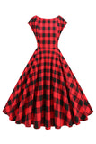 Red and Black Plaid A-Line V-Neck 1950s Dress