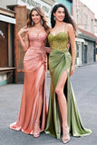 Sparkly Mermaid Army Green Corset Lace Up Back Long Prom Dress with Slit