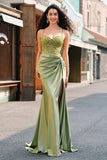 Sparkly Mermaid Army Green Corset Lace Up Back Long Prom Dress with Slit