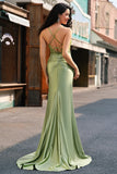 Sparkly Mermaid Army Green Corset Lace Up Back Long Prom Dress with Slit