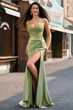 Sparkly Mermaid Army Green Corset Lace Up Back Long Prom Dress with Slit