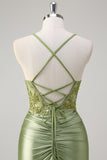 Sparkly Army Green Mermaid Corset Long Prom Dress with Slit