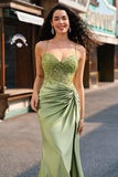 Sparkly Mermaid Army Green Corset Lace Up Back Long Prom Dress with Slit