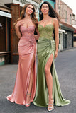 Sparkly Mermaid Army Green Corset Lace Up Back Long Prom Dress with Slit