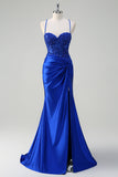 Royal Blue Mermaid Spaghetti Straps Pleated Appliqued Prom Dress