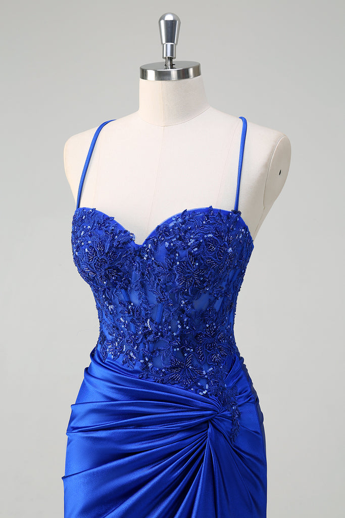 Appliqued Bodice Mermaid Dress With Slit Royal Blue