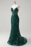 Sparkly Dark Green Mermaid Spaghetti Straps Corset Sequined Embroidery Tulle Long Prom Dress