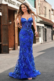 Sparkly Mermaid Royal Blue Spaghetti Straps Corset Sequin Long Prom Dress with Embroidery