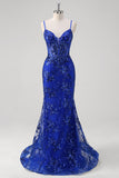 Sparkly Mermaid Royal Blue Spaghetti Straps Corset Sequin Long Prom Dress with Embroidery