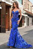 Sparkly Mermaid Royal Blue Spaghetti Straps Corset Sequin Long Prom Dress with Embroidery