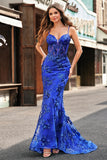 Sparkly Mermaid Royal Blue Spaghetti Straps Corset Sequin Long Prom Dress with Embroidery