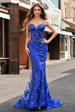 Sparkly Mermaid Royal Blue Spaghetti Straps Corset Sequin Long Prom Dress with Embroidery