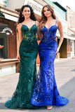 Sparkly Dark Green Mermaid Spaghetti Straps Corset Sequined Embroidery Tulle Long Prom Dress