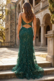 Sparkly Dark Green Mermaid Spaghetti Straps Corset Sequined Embroidery Tulle Long Prom Dress