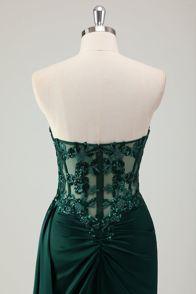 ZAPAKA Women Sparkly Dark Green Prom Dress with Slit Mermaid Sweetheart