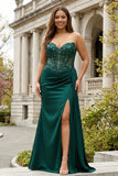 Sparkly Dark Green Corset Mermaid Sweetheart Long Plus Size Prom Dress with Slit