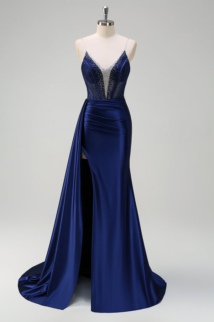 Sexy Long Navy Blue Mermaid V-neck Spaghetti Straps Lace Prom Dress With Slit