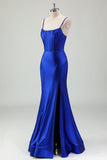 Royal Blue Mermaid Spaghetti Straps Corset Satin Long Prom Dress with Slit