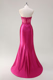 Sparkly Fuchsia Mermaid Strapless Corset Appliques Long Prom Dress with Slit