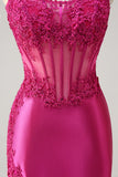 Sparkly Fuchsia Mermaid Strapless Corset Appliques Long Prom Dress with Slit