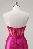 Sparkly Fuchsia Mermaid Strapless Corset Appliques Long Prom Dress with Slit