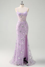 Lilac Spaghetti Straps Mermaid Corset Sequin Prom Dress