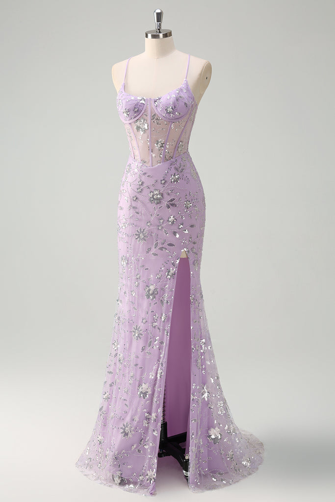 Lilac Straps Sequins Elegant Long Party Dress with Slit, DP2150