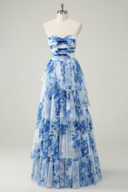 White Blue Flower A Line Strapless Tiered Long Prom Dress