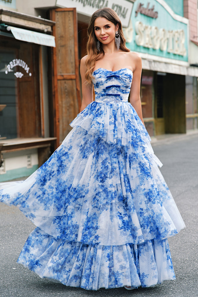 Zapaka Women White Blue Flower Prom Dress A Line Strapless Sweetheart
