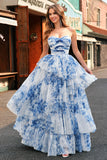 White Blue Flower A-Line Strapless Tiered Long Prom Dress with Bows