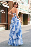 White Blue Flower A-Line Strapless Tiered Long Prom Dress with Bows