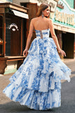 White Blue Flower A-Line Strapless Tiered Long Prom Dress with Bows