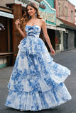 White Blue Flower A-Line Strapless Tiered Long Prom Dress with Bows