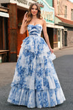 White Blue Flower A-Line Strapless Tiered Long Prom Dress with Bows