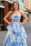 White Blue Flower A-Line Strapless Tiered Long Prom Dress with Bows