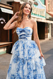 White Blue Flower A-Line Strapless Tiered Long Prom Dress with Bows