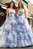 White Blue Flower A-Line Strapless Tiered Long Prom Dress with Bows