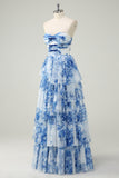 White Blue Flower A Line Strapless Tiered Long Prom Dress