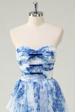 White Blue Flower A Line Strapless Tiered Long Prom Dress