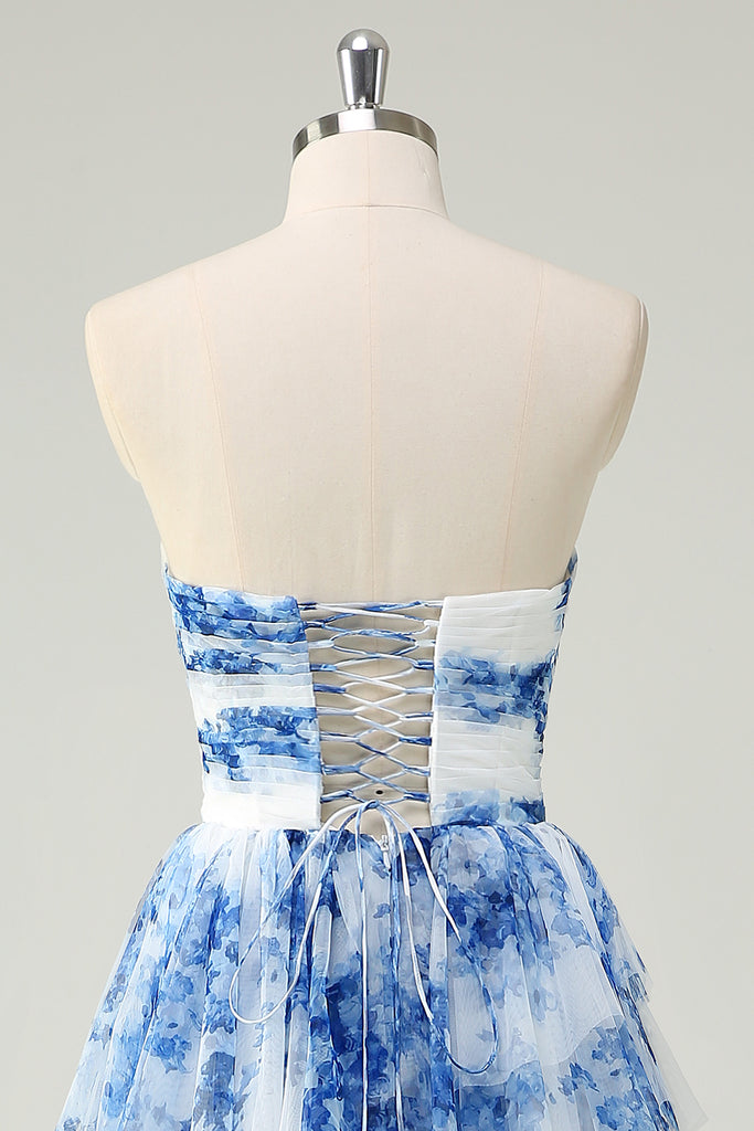 Zapaka Women White Blue Flower Prom Dress A Line Strapless Sweetheart