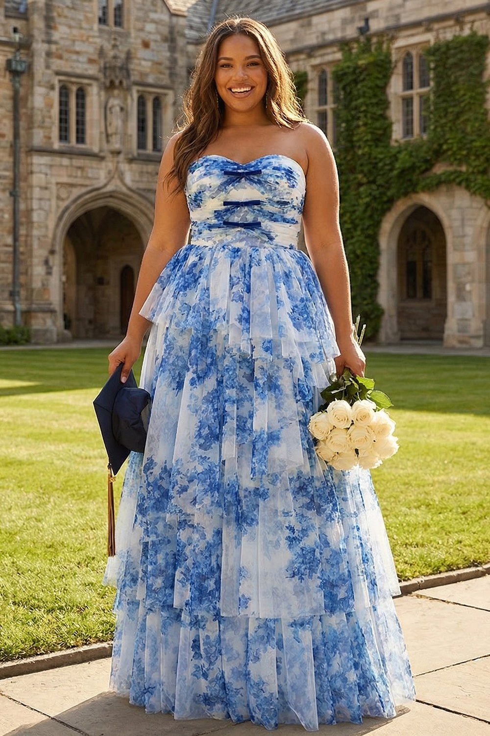Zapaka Women White Blue Flower Plus Size Prom Dress A Line Strapless